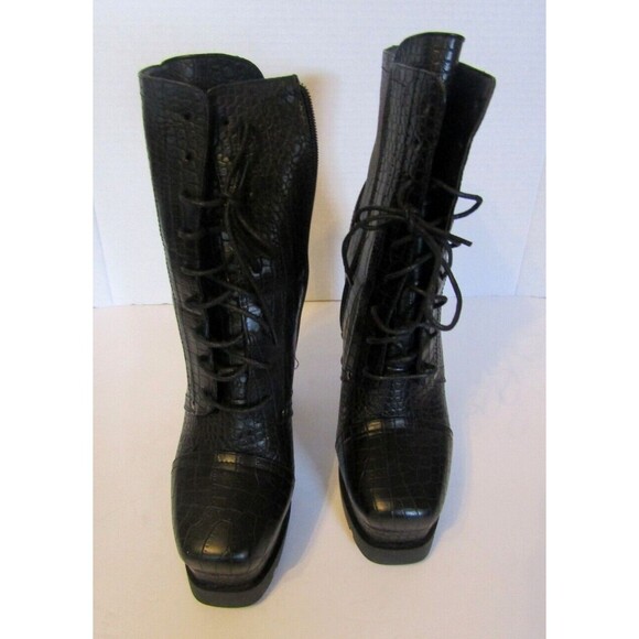 Azalea Wang Dolls Kill Ankle Boots NWOB Black Vegan Crocodile Heels Size 11 - Picture 5 of 9
